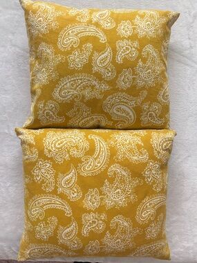 Set of 2 Yellow & White Paisley-Pattern Down-Filled Square Accent Pillows--EUC